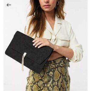 ASOS Design Black Envelope Fold Over Clutch With Metallic Gold Tab & Tassel
